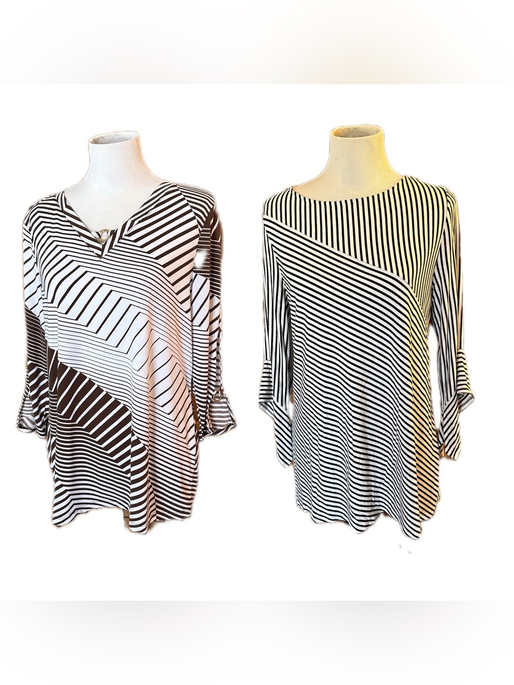 Bundle - 2 Chico's Tops Black & White Brown & White Large Stripes Size 2 Tunics
